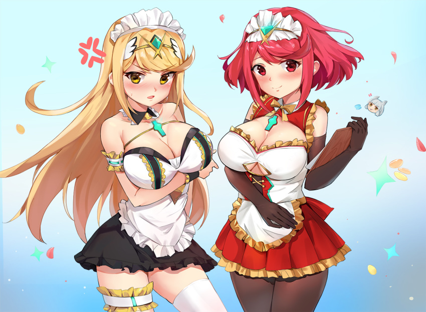 2girls anger_vein apron armlet bangs bare_shoulders black_dress black_gloves black_legwear blonde_hair blue_background bow bowtie breasts chest_jewel cleavage commentary_request cowboy_shot detached_collar dress elbow_gloves facial_mark frilled_skirt frills glint gloves gradient green_background hikari_(xenoblade_2) homura_(xenoblade_2) kiiro_kimi large_breasts long_hair looking_at_viewer maid_apron maid_headdress miniskirt multiple_girls niyah pantyhose red_dress red_eyes red_hair short_dress short_hair skirt sweatdrop swept_bangs thigh_strap thighhighs tiara underboob_cutout very_long_hair white_legwear xenoblade_(series) xenoblade_2 yellow_eyes yellow_frills yellow_neckwear