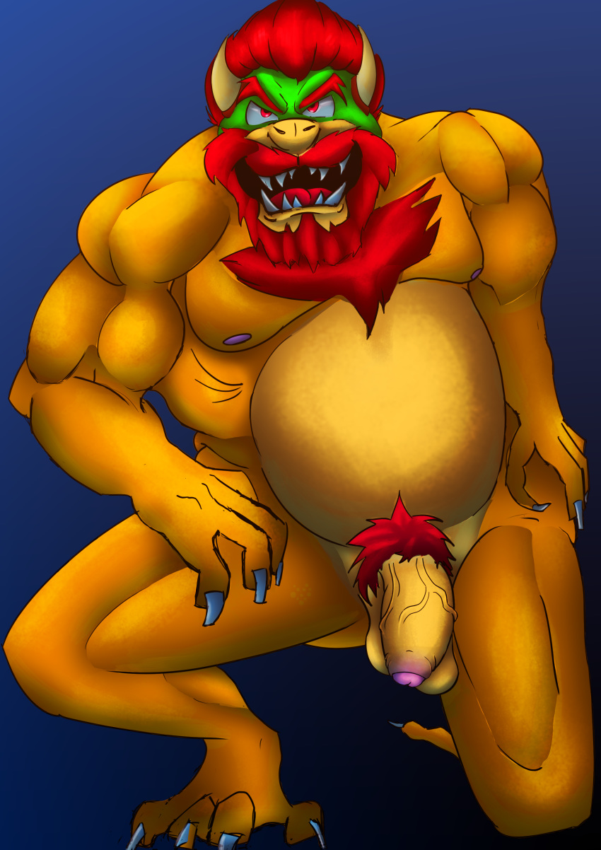 absurd_res anthro balls bowser claws flaccid_cock genitals hair hi_res horn humanoid kneeling koopa male mario_bros musclegut muscular nintendo nude penis scalie simple_background solo video_games