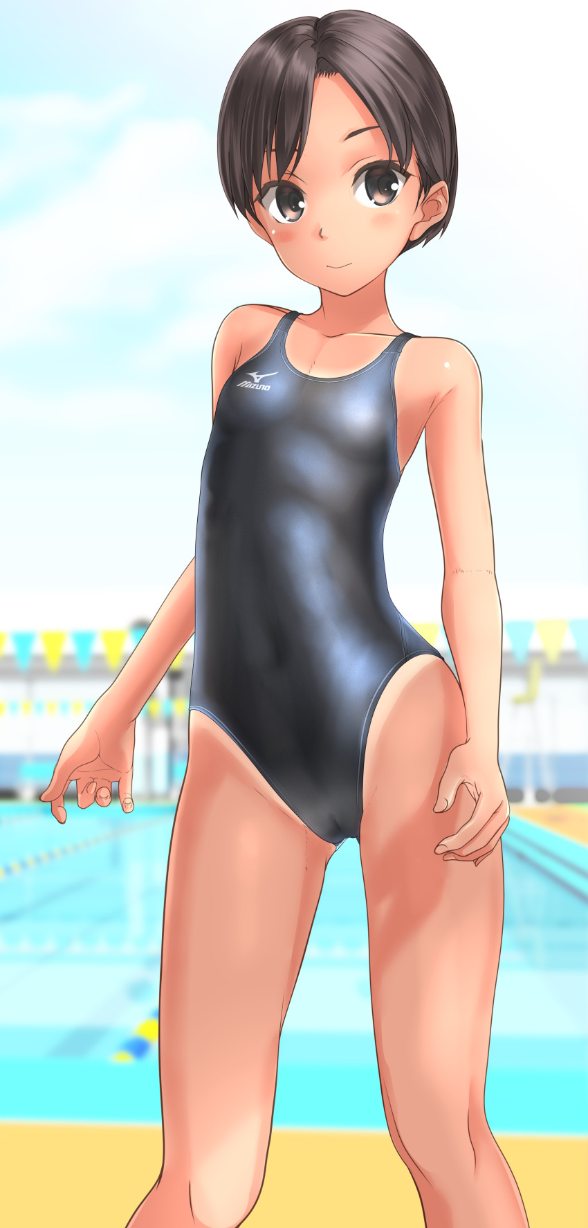 1girl absurdres black_eyes black_hair black_swimsuit blue_sky blurry breasts cameltoe cloud collarbone commentary_request competition_swimsuit contrapposto cowboy_shot day depth_of_field highleg highleg_swimsuit highres looking_at_viewer mizuno one-piece_swimsuit one-piece_tan original outdoors pool short_hair sky small_breasts solo string_of_flags swimsuit takafumi tan tanline