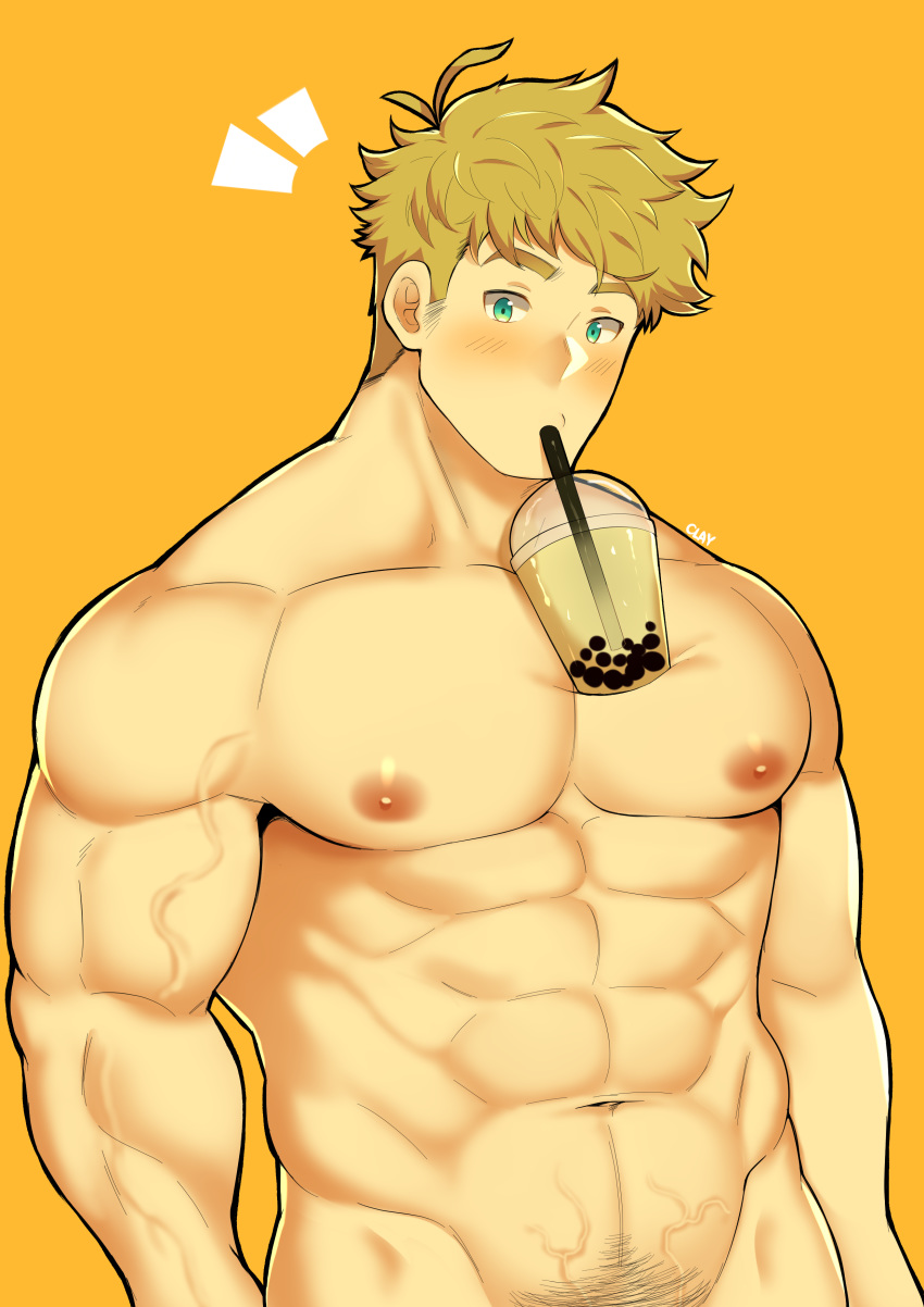 1boy absurdres bangs bara between_pecs blonde_hair blush bubble_tea_challenge chest clayten cropped_legs granblue_fantasy green_eyes highres looking_at_viewer male_focus muscle nude object_on_pectorals pectorals smile solo toned toned_male upper_body vane_(granblue_fantasy)