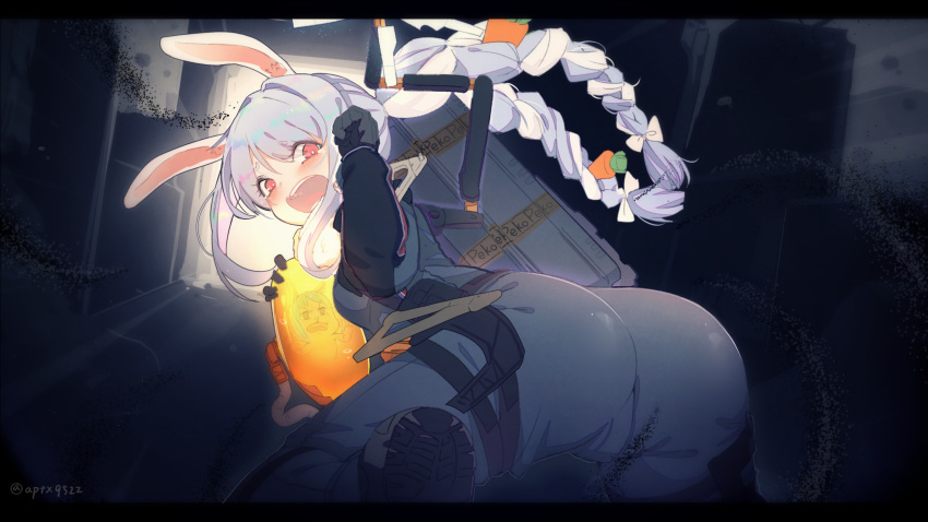 1girl absurdres animal_ears ass at2. bb-28 blue_hair blush bodysuit braid breasts bunny_ears commentary_request cosplay death_stranding highres hololive long_hair open_mouth red_eyes sam_porter_bridges sam_porter_bridges_(cosplay) tears teeth twin_braids usada_pekora virtual_youtuber