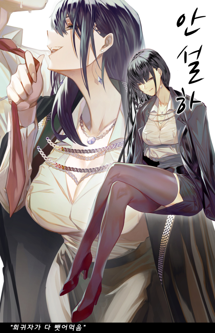1boy 1girl black_hair breasts cleavage collarbone commentary_request earrings eyebrows_visible_through_hair gyudong123 hair_between_eyes high_heels highres jewelry large_breasts long_hair necklace one_eye_closed open_mouth original simple_background sitting teeth thighhighs tongue white_background zettai_ryouiki