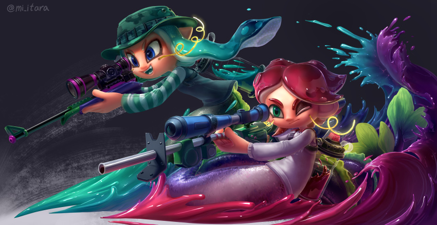 2girls absurdres aiming aqua_hair aqua_shirt artist_name black_background camouflage camouflage_headwear closed_mouth commission denchinamazu e-liter_3k_(splatoon) english_commentary fangs fins flat_chest full_body fusion glowing green_eyes green_headwear hands_up happy hat highres holding holding_weapon ink_tank_(splatoon) inkling lamia long_hair long_sleeves miitara monster_girl multiple_girls octoling one_eye_closed open_mouth paint pointy_ears raglan_sleeves red_hair scope shiny shiny_hair shirt short_hair simple_background smile splashing splatoon_(series) splatterscope_(splatoon) striped striped_shirt tail teeth tentacle_hair tentacles twintails twitter_username watermark weapon whiskers white_shirt