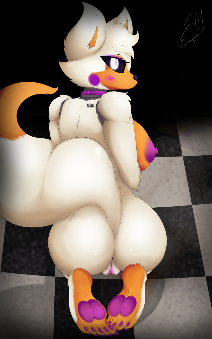 2020 5_toes absurd_res animatronic anthro anus areola barefoot black_nose black_sclera blush bow_tie breasts canid canine claws clitoris countershading digital_media_(artwork) e-01 feet female five_nights_at_freddy's five_nights_at_freddy's_2 five_nights_at_freddy's_world fox fur genitals glowing glowing_eyes hair hi_res lips lolbit_(fnaf) looking_at_viewer machine mammal multicolored_body multicolored_fur nipples nude orange_body orange_fur pawpads paws purple_nipples purple_paws purple_pussy pussy robot simple_background smile soles solo toe_claws toes video_games white_body white_eyes white_fur