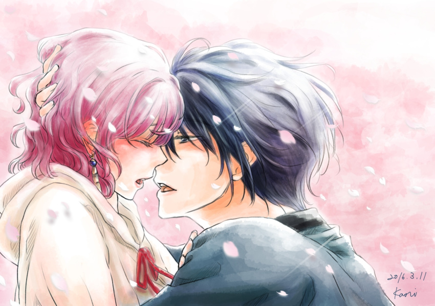 2016 akatsuki_no_yona black_hair cao_(cucurbita_k) closed_eyes couple dated earrings from_side hak_(akatsuki_no_yona) half-closed_eyes hand_in_another's_hair hetero hood hood_down imminent_kiss jewelry neck_ribbon open_mouth pink_background pink_hair profile red_ribbon ribbon shiny shiny_hair signature upper_body yona_(akatsuki_no_yona)