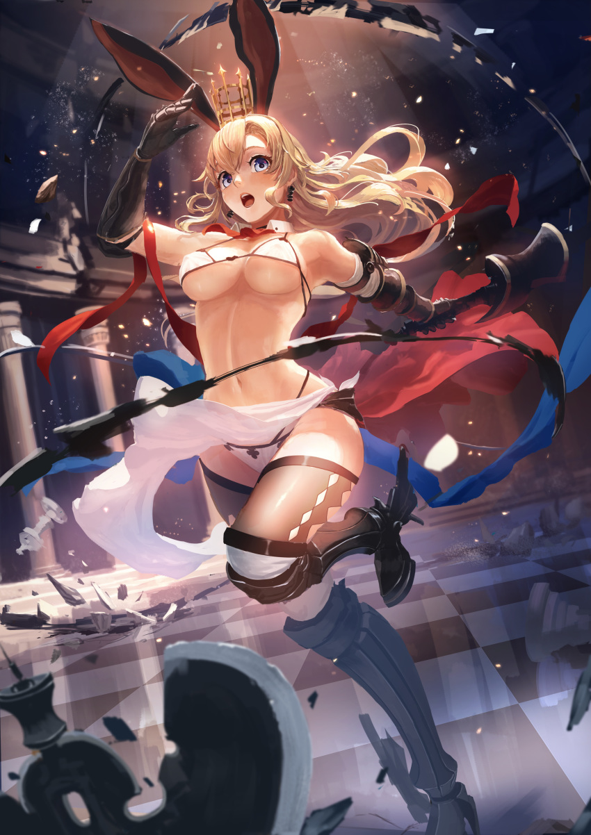 1girl :o absurdres animal_ears arm_up armored_boots bangs bare_shoulders bikini blonde_hair blue_eyes blue_ribbon boots breasts cleavage crown debris detached_collar earrings gauntlets hair_between_eyes high_heels highres holding holding_weapon indoors jewelry long_hair navel open_mouth original pillar red_neckwear red_ribbon ribbon sabiirodoramu sarong stomach swimsuit thighhighs thighs tile_floor tiles underboob weapon white_bikini white_sarong