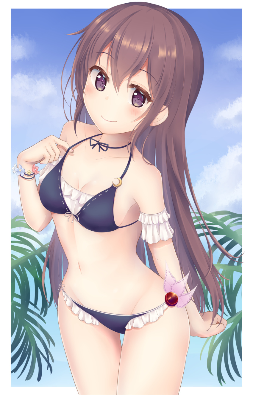 1girl bikini black_bikini blue_sky breasts brown_hair cloud commentary_request cowboy_shot frilled_bikini frills highres kantai_collection kisaragi_(kantai_collection) long_hair looking_at_viewer minakami_mimimi palm_leaf purple_eyes sky small_breasts smile solo standing swimsuit