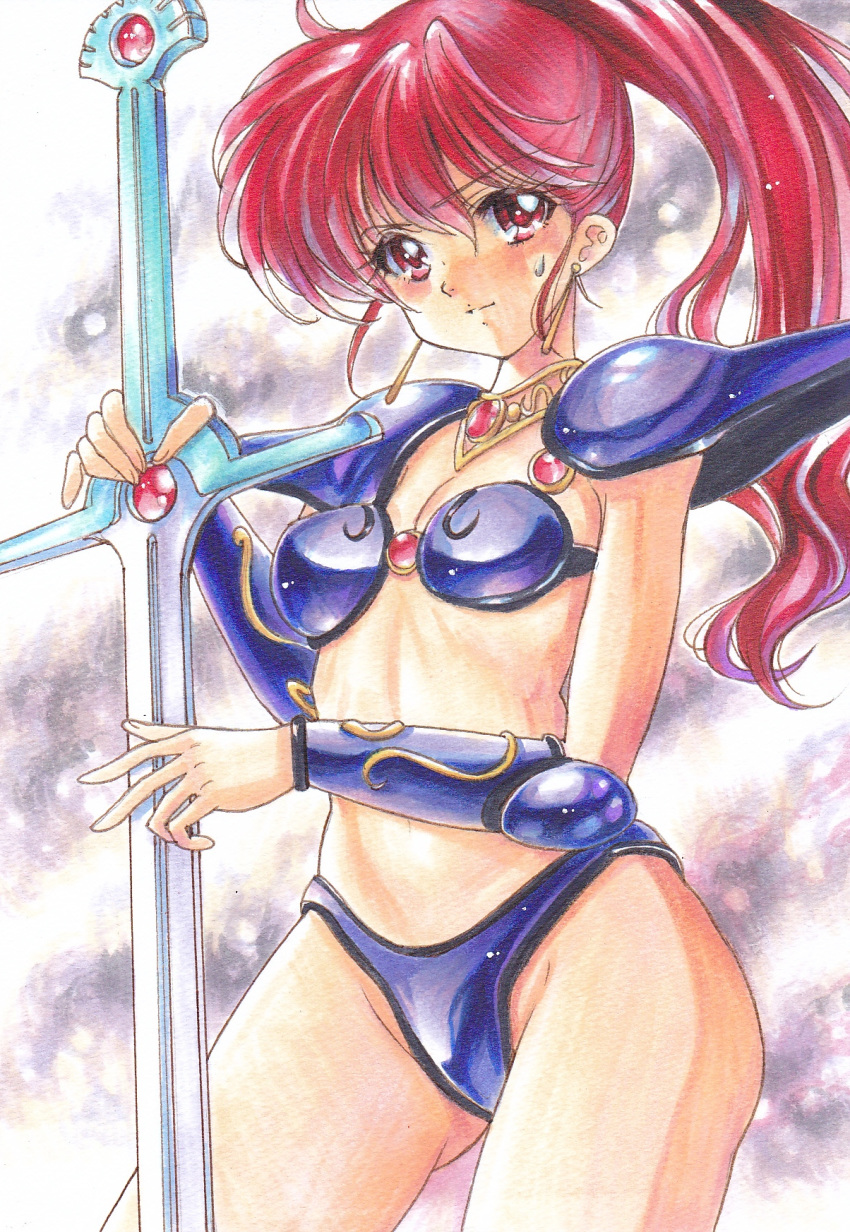 1girl armor asagiri_youko ass_visible_through_thighs bangs bikini bikini_armor blue_bikini breasts choker cleavage closed_mouth contrapposto cowboy_shot eyebrows_visible_through_hair genmu_senki_leda hair_between_eyes high_ponytail highres long_hair looking_at_viewer marker_(medium) pauldrons red_eyes red_hair shiny shiny_hair shoulder_armor small_breasts smile solo standing sweatdrop swimsuit sword tomoeri traditional_media very_long_hair weapon