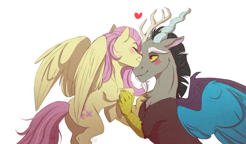 &lt;3 2018 antlers brown_body brown_fur chimera discord_(mlp) draconequus duo equid equine feathered_wings feathers female fluttershy_(mlp) flying friendship_is_magic fur grey_body grey_fur hasbro hi_res horn kissing looking_at_another male mammal mane membrane_(anatomy) membranous_wings my_little_pony pegasus pink_mane pink_tail ponsex red_eyes simple_background white_background wings yellow_body yellow_feathers yellow_fur yellow_wings