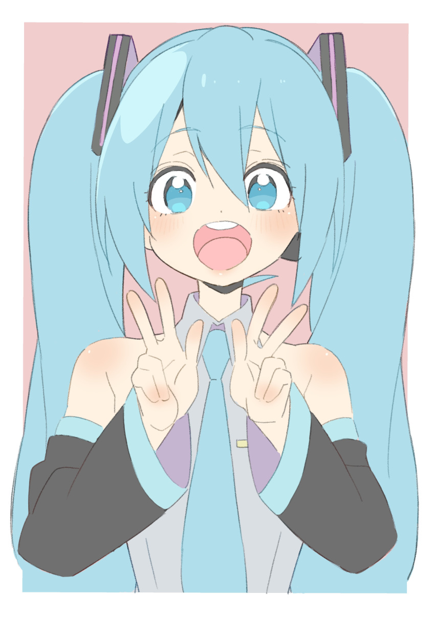 1girl :d absurdres bare_shoulders blue_eyes blue_hair blue_neckwear border collared_shirt detached_sleeves donguri_suzume double_w grey_shirt hatsune_miku highres long_hair long_sleeves looking_at_viewer necktie open_mouth pink_background round_teeth shirt simple_background sleeveless sleeveless_shirt smile solo teeth twintails upper_body upper_teeth very_long_hair vocaloid w white_border