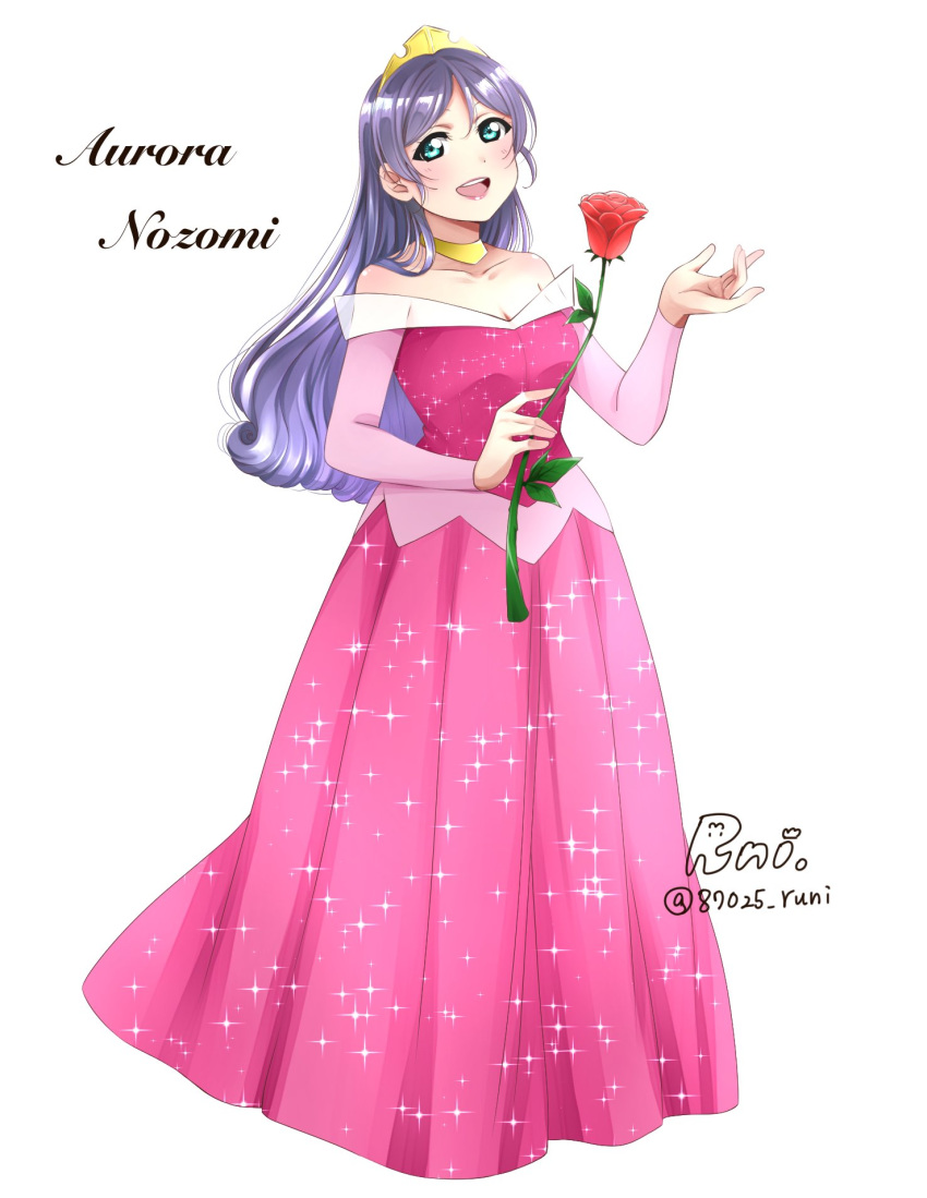 1girl :d alternate_hairstyle aurora_(disney) aurora_(disney)_(cosplay) character_name cosplay crown disney dress flower full_body highres jewelry long_hair long_sleeves love_live! love_live!_school_idol_project necklace off-shoulder_dress off_shoulder open_mouth pink_dress purple_hair rose runi_(87025) signature simple_background sleeping_beauty smile sparkle toujou_nozomi twitter_username white_background