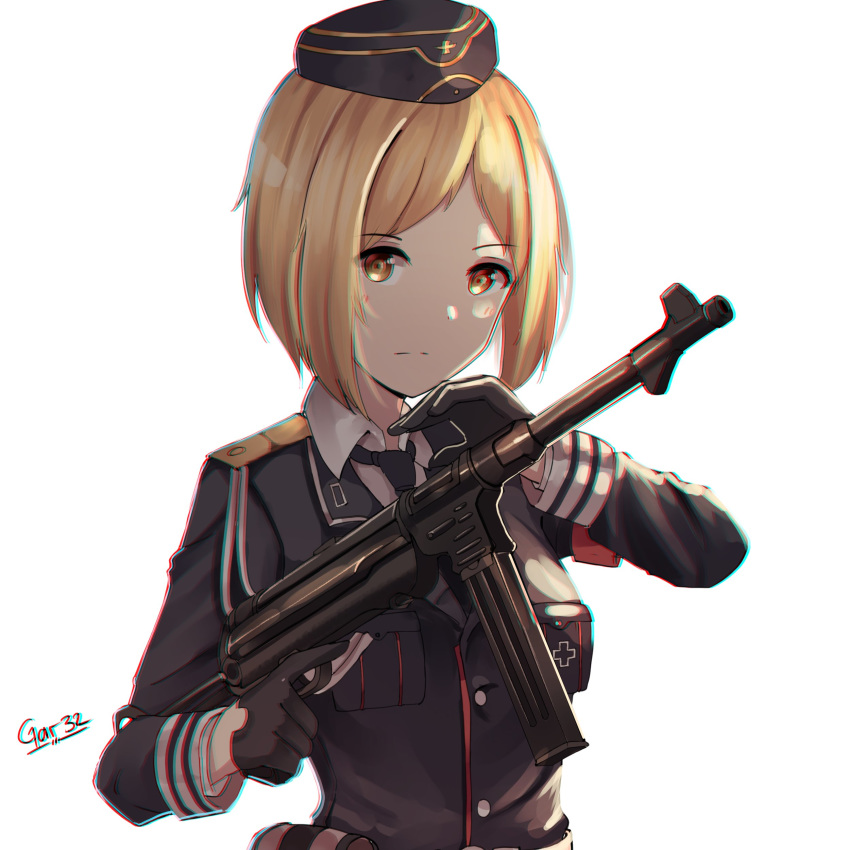 1girl absurdres blonde_hair bow closed_mouth commentary english_commentary girls_frontline gloves grey_bow grey_jacket gun half_gloves hat highres holding holding_gun holding_weapon jacket long_sleeves looking_at_viewer mp40 mp40_(girls_frontline) orange_eyes short_hair signature simple_background solo submachine_gun tegar32 trigger_discipline upper_body weapon white_background yellow_eyes