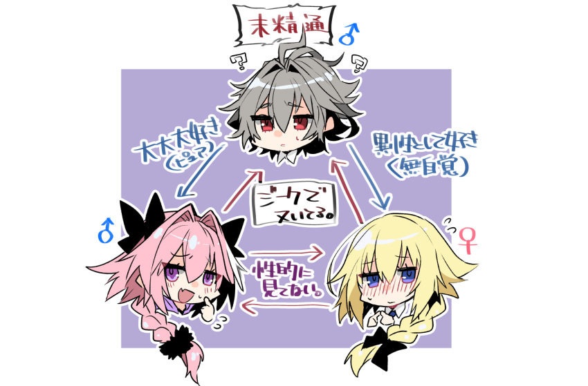 1girl 2boys ? astolfo_(fate) blonde_hair blue_eyes blush bow braid braided_ponytail commentary_request eyebrows_visible_through_hair fang fate/apocrypha fate_(series) flying_sweatdrops grey_hair hair_between_eyes hair_bow haoro highlights jeanne_d'arc_(fate) jeanne_d'arc_(fate)_(all) long_hair looking_at_viewer mars_symbol multicolored_hair multiple_boys open_mouth pink_hair purple_eyes red_eyes sieg_(fate/apocrypha) skin_fang translation_request two-tone_hair venus_symbol white_hair