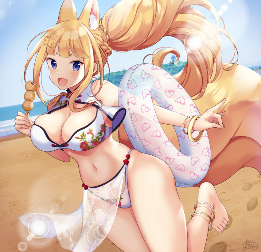 1girl :d animal_ear_fluff animal_ears anklet bangs barefoot beach bikini blonde_hair blue_eyes blue_sky blush bracelet braid breasts cleavage cloud day floral_print food fox_ears fox_girl fox_shadow_puppet fox_tail hair_ornament highleg highleg_bikini innertube jewelry large_breasts long_hair looking_at_viewer miyano_ururu navel ocean open_mouth original outdoors ponytail short_eyebrows sky smile solo star_(symbol) star_hair_ornament swimsuit tail water white_bikini