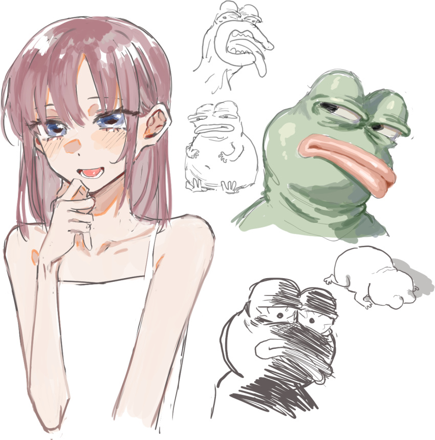1girl :d bare_shoulders blue_eyes blush boy's_club brown_hair buttoniris commentary dress english_commentary hand_up highres medium_hair open_mouth original pepe_the_frog sketch smile white_dress