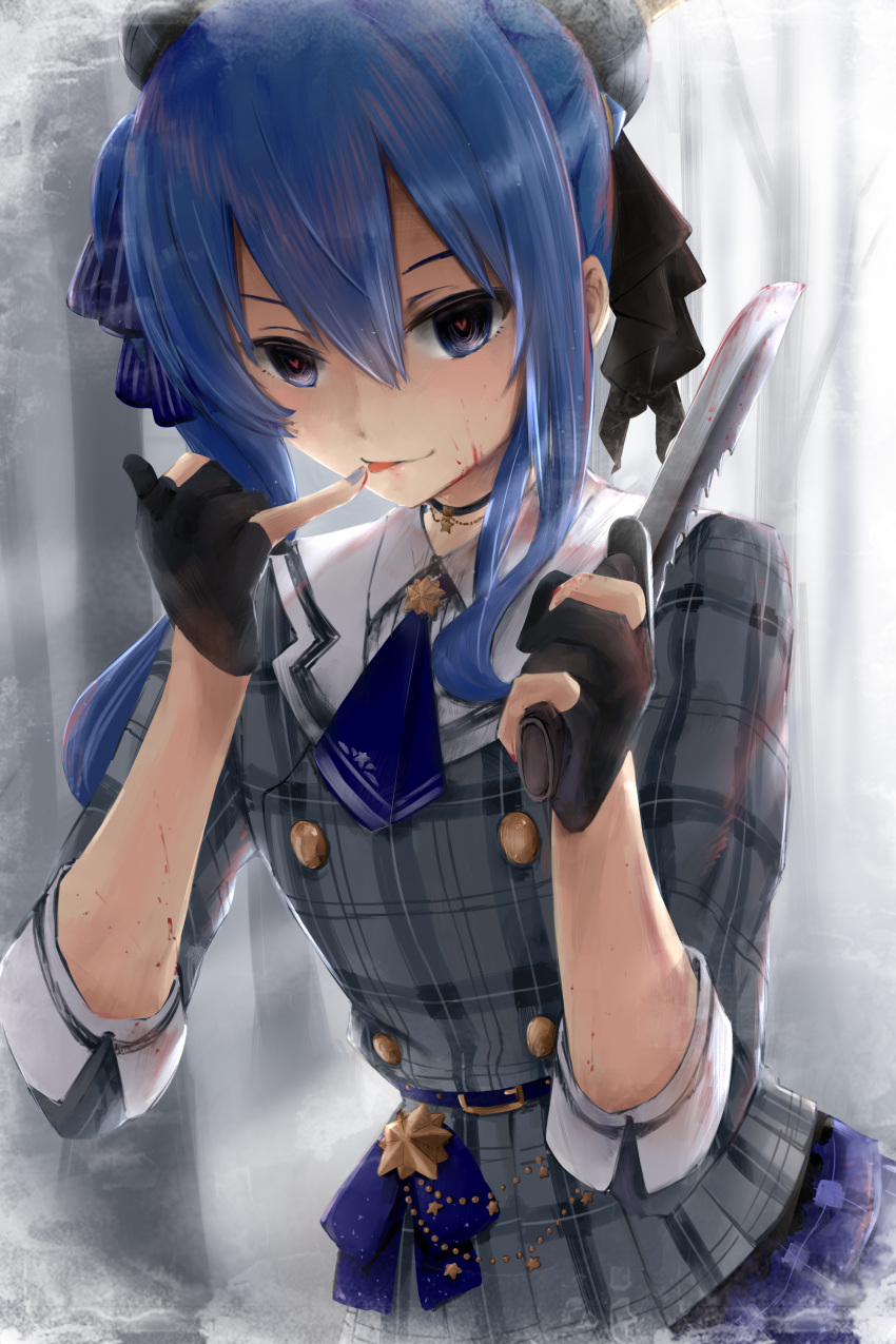 1girl absurdres belt beret blood blood_on_face bloody_knife blue_eyes blue_hair blue_nails choker combat_knife dress finger_licking fingerless_gloves gloves hair_ribbon hat heart heart-shaped_pupils highres holding holding_knife hololive hoshimachi_suisei knife licking plaid plaid_dress ribbon rizuki_suwoto side_ponytail solo symbol-shaped_pupils upper_body virtual_youtuber weapon