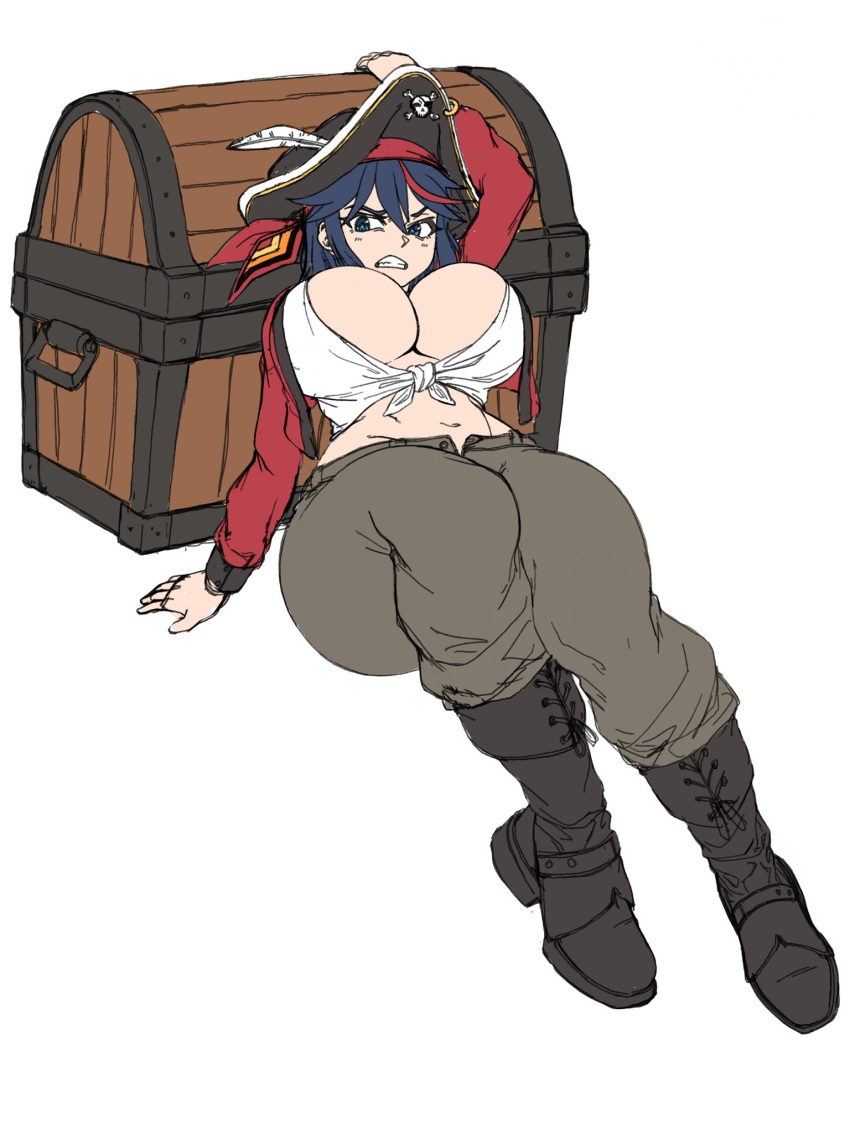 1girl alternate_costume bandana black_footwear blouse boots breasts brown_pants brups_tv feathers hat highres jacket jolly_roger kill_la_kill large_breasts matoi_ryuuko pants pirate pirate_costume pirate_hat red_jacket senketsu shirt skull skull_and_crossbones thighs tied_shirt treasure_chest white_background white_feathers white_shirt