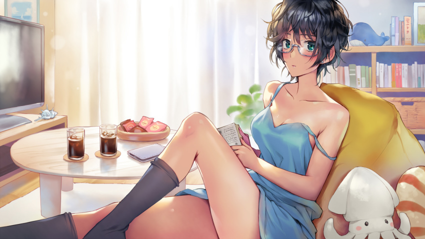 1girl bangs bare_shoulders black_hair black_legwear blush breasts chemise cleavage collarbone commentary_request cup drinking_glass feet_out_of_frame glasses green_eyes highres holding indoors knee_up kneehighs looking_at_viewer matsuda_(matsukichi) medium_breasts messy_hair original short_hair sitting solo spaghetti_strap strap_slip stuffed_animal stuffed_squid stuffed_toy stuffed_whale television thighs