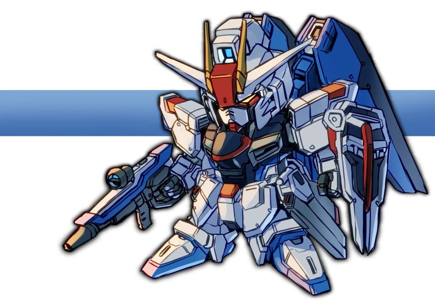 absurdres ag_00000 beam_rifle chibi clenched_hand energy_gun freedom_gundam gun gundam gundam_seed highres holding holding_gun holding_weapon looking_down mecha mechanical_wings no_humans solo v-fin weapon wings yellow_eyes