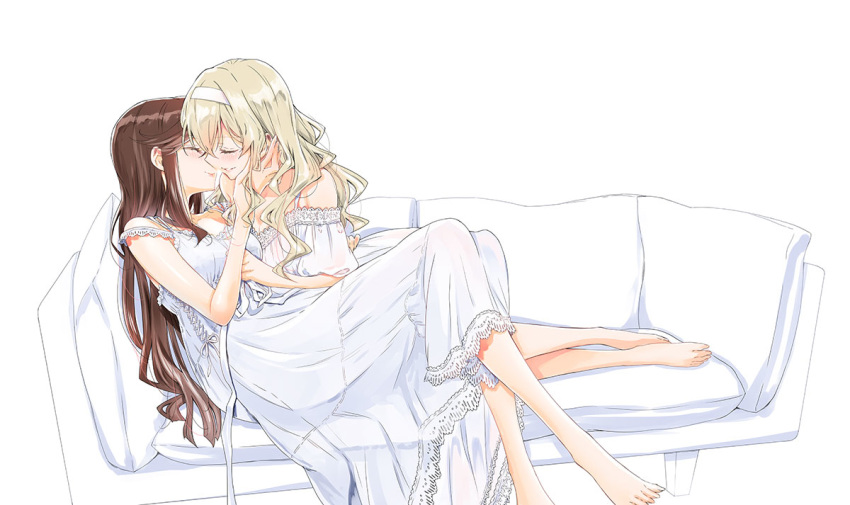 2girls bare_legs barefoot blonde_hair brown_hair closed_eyes couch hairband long_hair multiple_girls nightgown off_shoulder saijou_claudine shoujo_kageki_revue_starlight smile takano_saku tendou_maya white_background white_hairband yuri