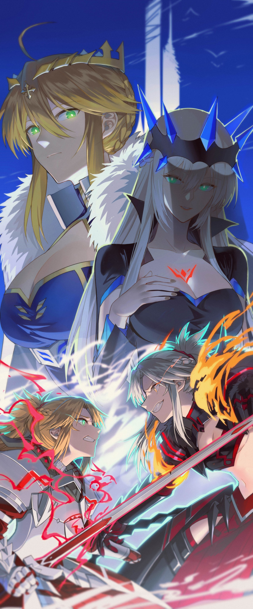 4girls absurdres ahoge armor armored_dress artoria_pendragon_(all) artoria_pendragon_(lancer) blonde_hair blue_sky braid breasts character_request clarent cleavage coat crown fate/grand_order fate_(series) french_braid fur-trimmed_coat fur_trim glowing glowing_eyes green_eyes hand_on_own_chest highres large_breasts mordred_(fate)_(all) morgan_le_fay_(fate) multiple_girls sky veil yellow_eyes yorukun