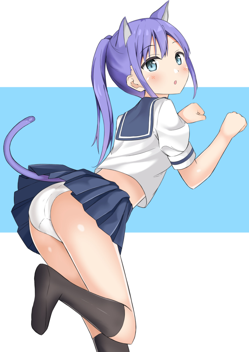 2020 4_ears animal_humanoid blue_eyes blue_hair blush butt cat_humanoid clothing felid felid_humanoid feline feline_humanoid female hair hi_res human_and_animal_ears humanoid keito4f legwear mammal mammal_humanoid multi_ear panties ponytail school_uniform serafuku socks solo underwear uniform upskirt