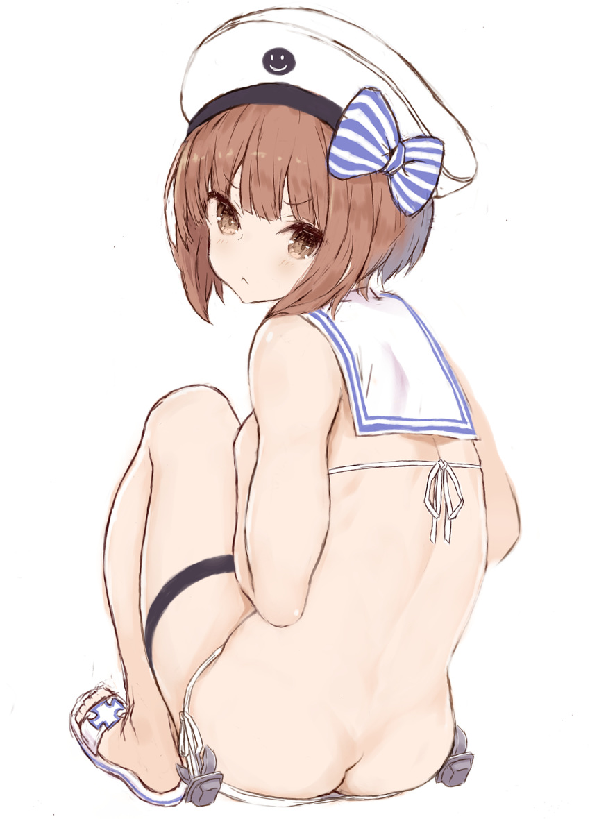 1girl :&lt; ass back bare_back bare_legs barefoot bikini blush brown_eyes brown_hair butt_crack closed_mouth eyebrows_visible_through_hair full_body goekawa hat highres kantai_collection sailor_hat sandals short_hair simple_background solo swimsuit v-shaped_eyebrows white_background white_bikini white_headwear z3_max_schultz_(kantai_collection)