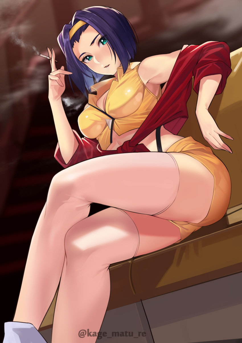 1girl absurdres aqua_eyes bangs blush breasts cigarette cowboy_bebop crop_top faye_valentine forehead hairband highres kagematsuri large_breasts looking_at_viewer parted_bangs purple_hair shirt shorts sitting smoking thighs yellow_hairband yellow_shirt yellow_shorts