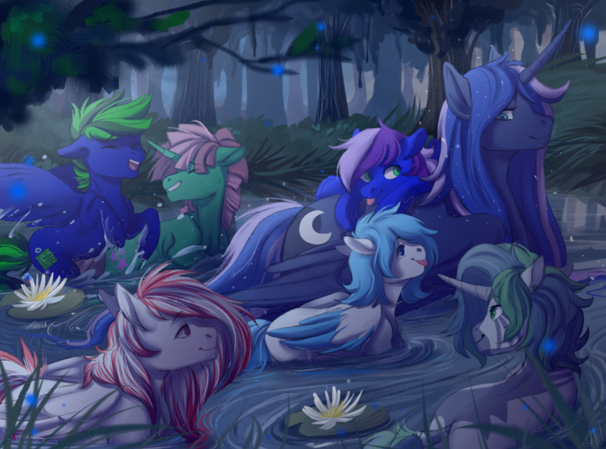 2018 blep blue_body blue_eyes blue_feathers blue_mane blue_tail blue_wings cutie_mark ears_back equid equine eyes_closed fan_character feathered_wings feathers female feral forest friendship_is_magic fur green_eyes green_mane green_tail group hasbro highlights_(coloring) horn horse lily_pad looking_at_another looking_back male mammal mane multicolored_mane multicolored_tail my_little_pony open_mouth open_smile outside partially_submerged pegasus pink_mane pink_tail pivoted_ears plant pond ponsex pony princess_luna_(mlp) purple_mane red_eyes red_highlights smile splashing tongue tongue_out tree unicorn walking white_body white_feathers white_fur white_mane white_tail white_wings winged_unicorn wings