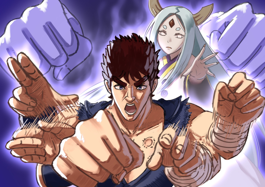 1boy 1girl absurdres aura clenched_hand drawfag facial_mark fingernails forehead_jewel forehead_mark grey_eyes highres hokuto_no_ken horns kenshirou long_fingernails long_hair looking_at_viewer motion_blur naruto_(series) ootsutsuki_kaguya open_mouth punching screaming silver_hair thick_eyebrows very_long_hair white_eyes