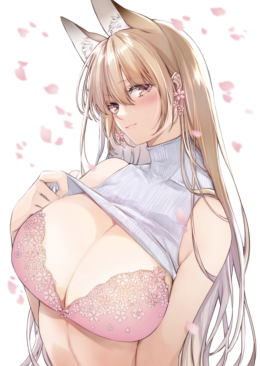 1girl animal_ear_fluff animal_ears bangs bare_shoulders blush bra breasts earrings fox_ears fox_girl highres huge_breasts jewelry lifted_by_self light_brown_hair long_hair looking_at_viewer midriff original petals pink_bra revision shirt_lift shizu-chan simple_background sleeveless smile solo sweater underwear upper_body white_background yellow_eyes yukibuster_z