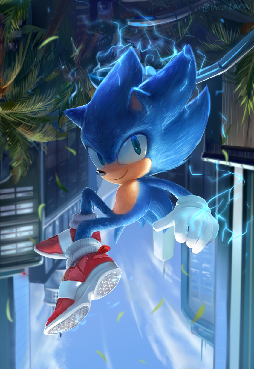 1boy animal_ears artist_name blue_eyes blue_hair blue_sky building closed_mouth cloud day electricity english_commentary full_body furry gloves happy highres lamppost looking_at_viewer male_focus miitara outdoors red_footwear shoes sky skyscraper smile solo sonic sonic_the_hedgehog sonic_the_hedgehog_(film) tail tree twitter_username upside-down watermark white_gloves