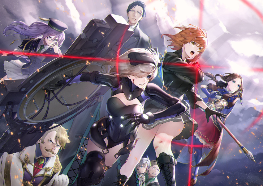 1other 3boys 4girls absurdres adjusting_eyewear black_gloves black_hair blonde_hair blood brown_hair captain_nemo_(fate/grand_order) command_spell facial_hair fate/grand_order fate_(series) fujimaru_ritsuka_(female) glasses gloves goldorf_musik highres injury jeancle_abel_meuniere leonardo_da_vinci_(fate/grand_order) leonardo_da_vinci_(rider)_(fate) mash_kyrielight mugetsu2501 multiple_boys multiple_girls mustache nosebleed orange_hair ortenaus polar_chaldea_uniform purple_hair sherlock_holmes_(fate/grand_order) shield sion_eltnam_sokaris skirt staff turban twintails