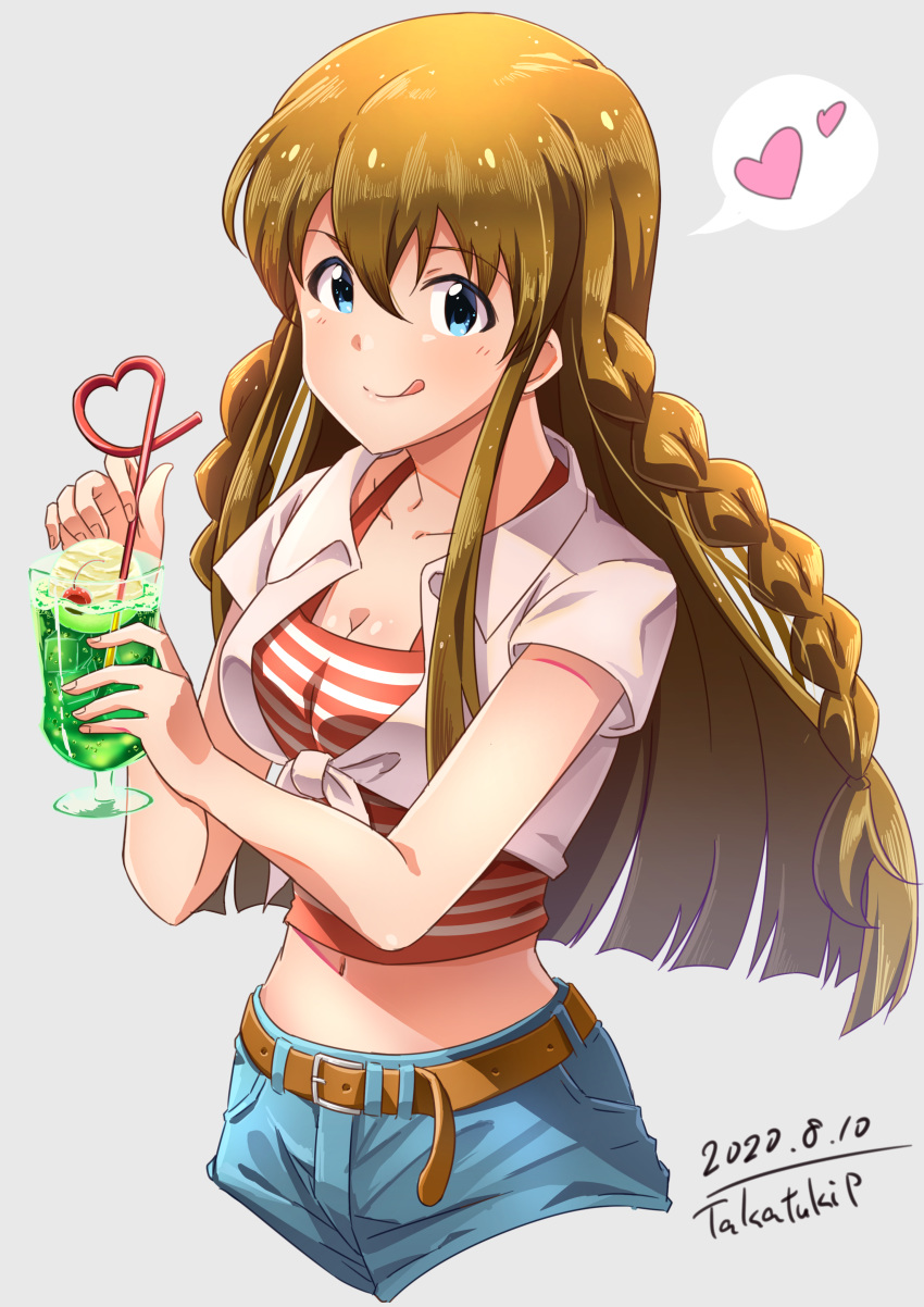 1girl absurdres belt blue_eyes blush braid breasts brown_belt brown_hair cherry cleavage crazy_straw cropped_jacket cropped_legs cropped_shirt dated denim denim_shorts drink drinking_straw food front-tie_top fruit grey_background heart heart_straw highres holding holding_drink ice_cream ice_cream_float idolmaster idolmaster_million_live! jacket kousaka_umi long_hair looking_at_viewer medium_breasts melon_soda navel shirt short_sleeves shorts side_braid signature simple_background smile solo spoken_heart striped striped_shirt takatsuki_p tongue tongue_out twin_braids white_jacket