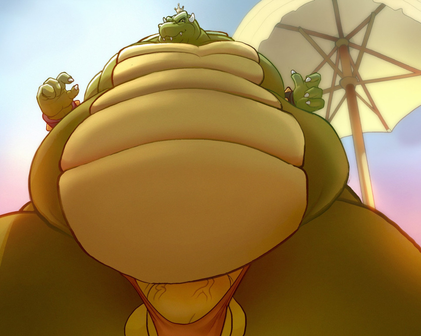 anthro balls bowser clothing genitals hi_res king_koopa koopa looking_at_viewer low-angle_view male mario_bros nintendo overweight overweight_anthro overweight_male penis scalie solo steen thong underwear video_games
