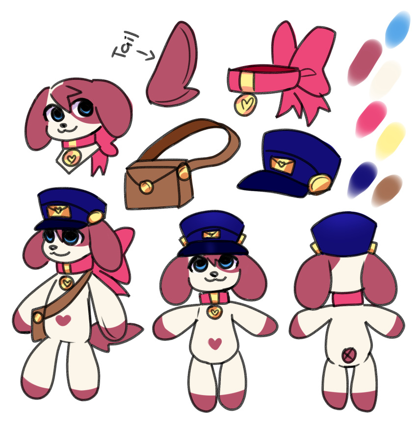 &lt;3 anthro bag canid canine canis clothing collar crowwne cute_expression domestic_dog hat headgear headwear hi_res mail male mammal model_sheet reference_image ribbons solo yuubi-kun