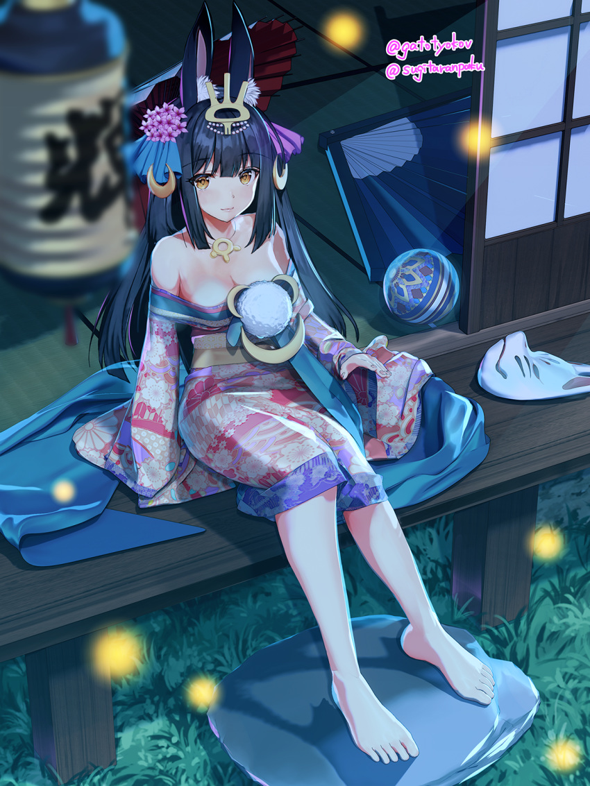 1girl animal_ear_fluff animal_ears azur_lane ball bare_shoulders barefoot black_hair breasts brown_eyes bug cleavage fan firefly floral_print flower folding_fan fox_ears fox_mask full_body hair_flower hair_ornament highres insect japanese_clothes jewelry kimono lantern legs long_hair mask mask_removed nagato_(azur_lane) nagato_(guardian_fox's_shining_furisode)_(azur_lane) night off_shoulder outdoors pendant print_kimono sitting sleeves_past_wrists smile solo sugita_ranpaku toes umbrella yukata