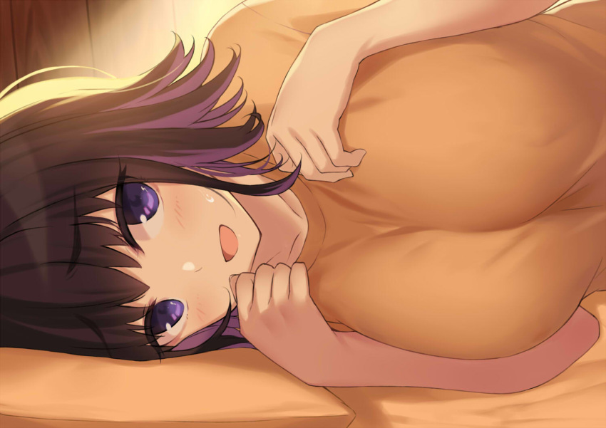 1girl blush breasts cccpo large_breasts looking_at_viewer lying on_side open_mouth orange_shirt original pillow purple_eyes purple_hair shirt short_hair smile sweatdrop