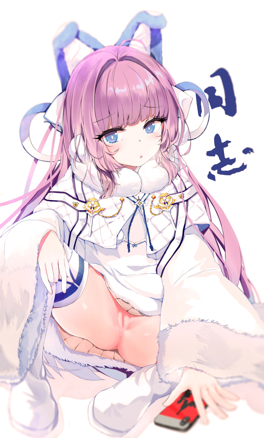 1girl absurdres animal_ears anus azur_lane blue_eyes blush cellphone chinese_commentary clitoris coat commentary_request dress exposed_clitoris eyebrows_visible_through_hair fake_animal_ears fur_trim graphite_(medium) hair_ornament highres long_hair long_sleeves looking_at_viewer no_panties open_mouth phone photoshop_(medium) pom_pom_(clothes) purple_hair sitting smartphone solo striped sweater tashkent_(azur_lane) thighhighs traditional_media translation_request very_long_hair white_coat white_legwear wide_sleeves winter_clothes yue_(qtxyjiang)