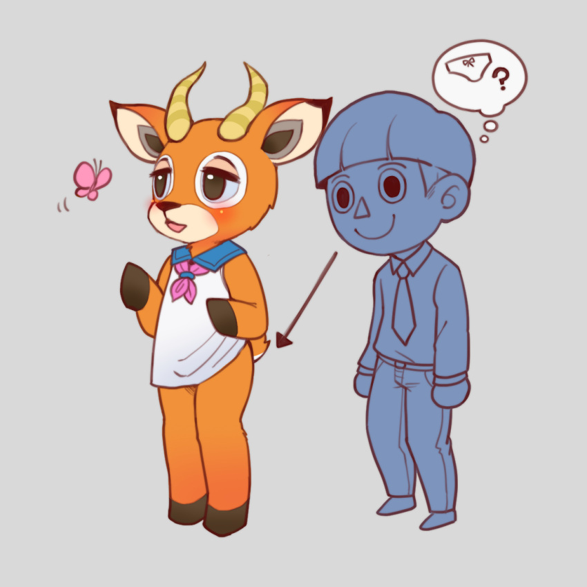 1:1 animal_crossing anthro arthropod beau_(animal_crossing) blush bottomless bowl_cut butterfly cervid clothed clothing duo hooves horn human insect lepidopteran male male/male mammal menhou nintendo ogling school_uniform uniform video_games villager_(animal_crossing)