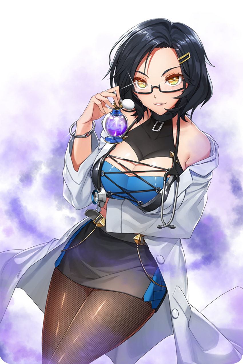 1girl bare_shoulders black_dress black_hair bottle breasts cleavage coat collarbone doctor dress fishnet_legwear fishnets fog gauntlets glasses highres holding holding_eyewear labcoat large_breasts looking_at_viewer na_yang_ho_(soccer_spirits) official_art orange_eyes perfume_bottle resized short_hair smile soccer_spirits stethoscope upscaled vakasatang