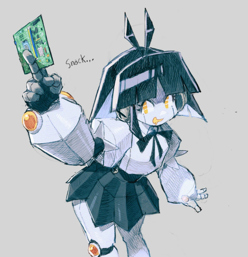 ... 1girl akiyoku android antenna_hair arm_up bangs black_hair black_ribbon black_skirt bolt drooling english_text grey_background highres holding medium_hair motherboard neck_ribbon open_mouth original puffy_sleeves ribbon saliva simple_background sketch skirt solo yellow_eyes