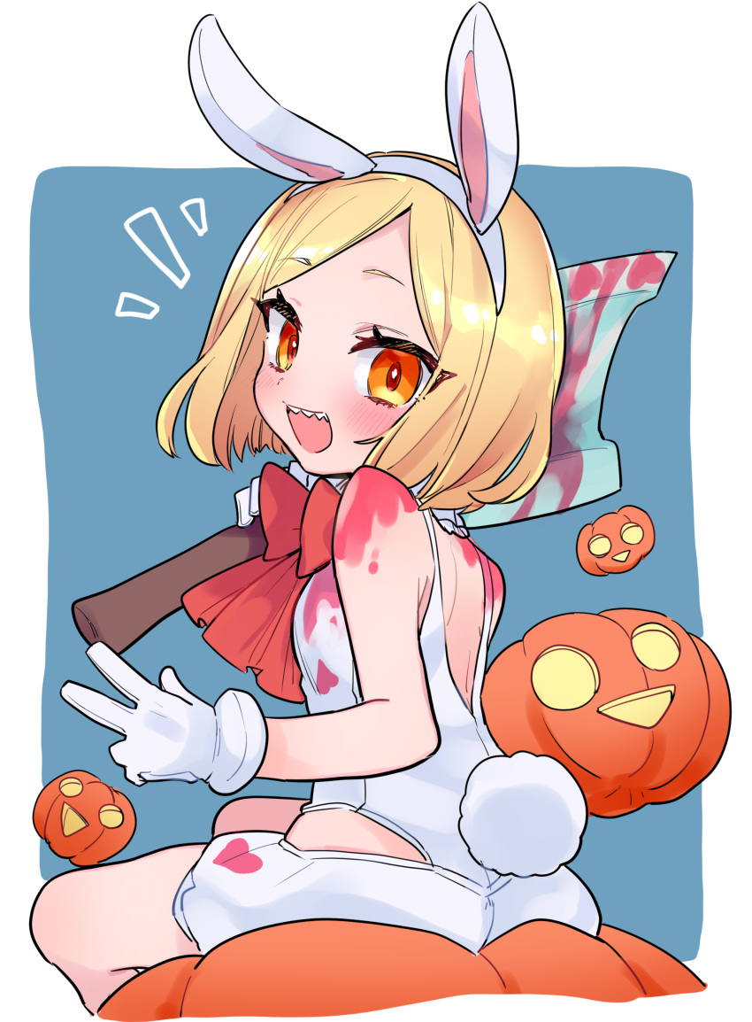 1girl absurdres animal_ears axe back bangs bare_shoulders blonde_hair blue_background blush border breasts bunny_ears bunny_tail bunnysuit fate/grand_order fate_(series) gloves heroic_spirit_festival_outfit highres jack-o'-lantern leotard looking_at_viewer looking_back manami_(fearfac666) open_mouth orange_eyes parted_bangs paul_bunyan_(fate/grand_order) pumpkin red_neckwear sharp_teeth short_hair sitting small_breasts smile tail teeth thighs white_border white_gloves white_leotard