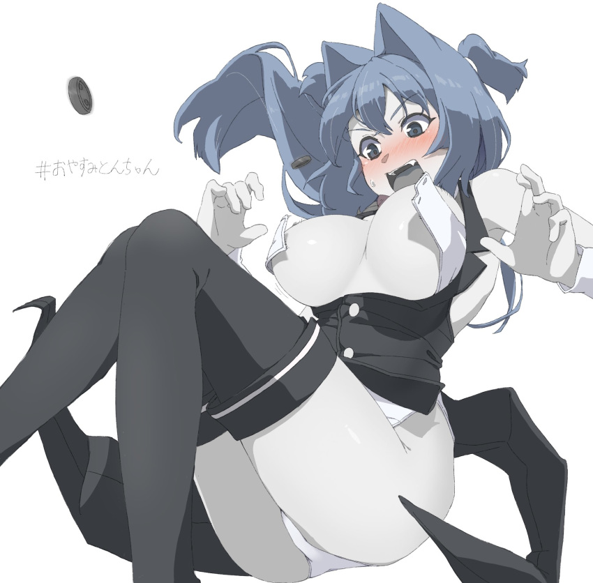 1girl bare_shoulders black_legwear blush breasts buttons cleavage eyebrows_visible_through_hair falling fang hair_between_eyes hair_intakes highres jacket large_breasts leotard long_hair looking_down miton-chan_(miton_(turuyasann)) miton_(turuyasann) motion_blur motion_lines open_mouth original solo surprised sweatdrop thighhighs unaligned_breasts underboob unfastened wardrobe_malfunction wristband