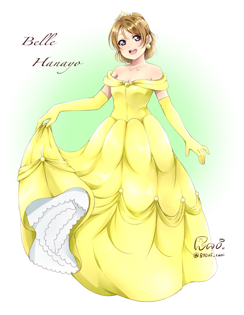 1girl :d beauty_and_the_beast belle_(disney) belle_(disney)_(cosplay) character_name cosplay dress earrings elbow_gloves full_body gloves highres holding holding_clothes holding_skirt jewelry koizumi_hanayo love_live! love_live!_school_idol_project off-shoulder_dress off_shoulder open_mouth runi_(87025) signature skirt smile tiara twitter_username