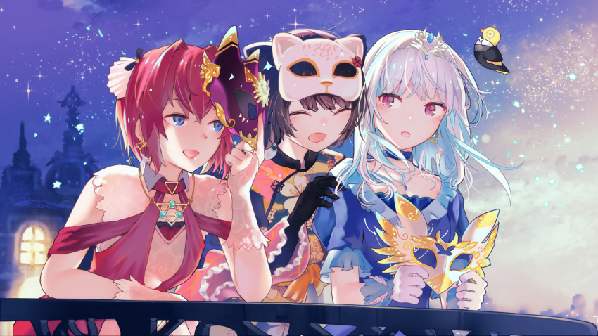 3girls absurdres ange_katrina bangs black_gloves black_hair blue_eyes closed_eyes gloves highres holding holding_mask inaeda_kei inui_toko lize_helesta long_hair mask multiple_girls nijisanji open_mouth red_eyes red_hair sebastian_piyodore short_hair smile virtual_youtuber white_gloves white_hair