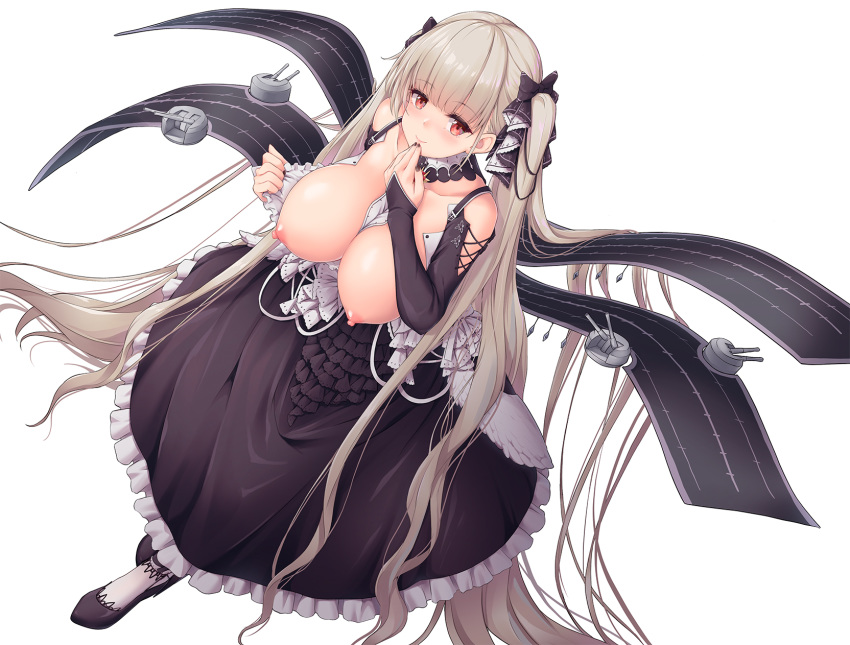 1girl awa_yume azur_lane bangs between_breasts black_dress black_nails black_ribbon blunt_bangs breasts commentary_request dress eyebrows_visible_through_hair formidable_(azur_lane) from_above hair_ribbon highres large_breasts long_hair looking_at_viewer nail_polish nipples red_eyes ribbon simple_background solo twintails two-tone_dress two-tone_ribbon very_long_hair white_background white_dress white_ribbon