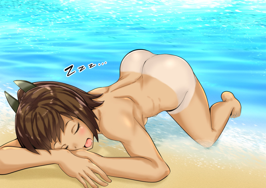 1girl all_fours ass beach brown_hair closed_eyes commentary_request hair_ornament hairclip i-401_(kantai_collection) kantai_collection nude ocean open_mouth ponytail short_hair short_ponytail sleeping solo takasugi_heppu tan tanline top-down_bottom-up water zzz