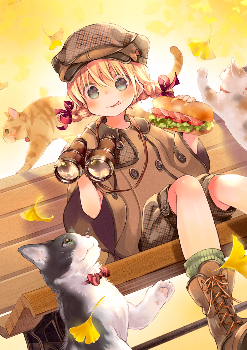 1girl absurdres animal bangs bench binoculars blonde_hair blush boots braid brown_footwear brown_headwear brown_jacket brown_shorts cat closed_mouth commentary_request cross-laced_footwear dutch_angle eyebrows_behind_hair food food_on_face ginkgo_leaf green_legwear hair_between_eyes hair_ribbon highres holding holding_food huge_filesize jacket kuga_tsukasa lace-up_boots licking_lips long_sleeves looking_at_viewer on_bench original park_bench puffy_shorts red_ribbon ribbed_legwear ribbon sandwich shorts sitting sitting_on_bench smile socks solo tongue tongue_out twin_braids wide_sleeves