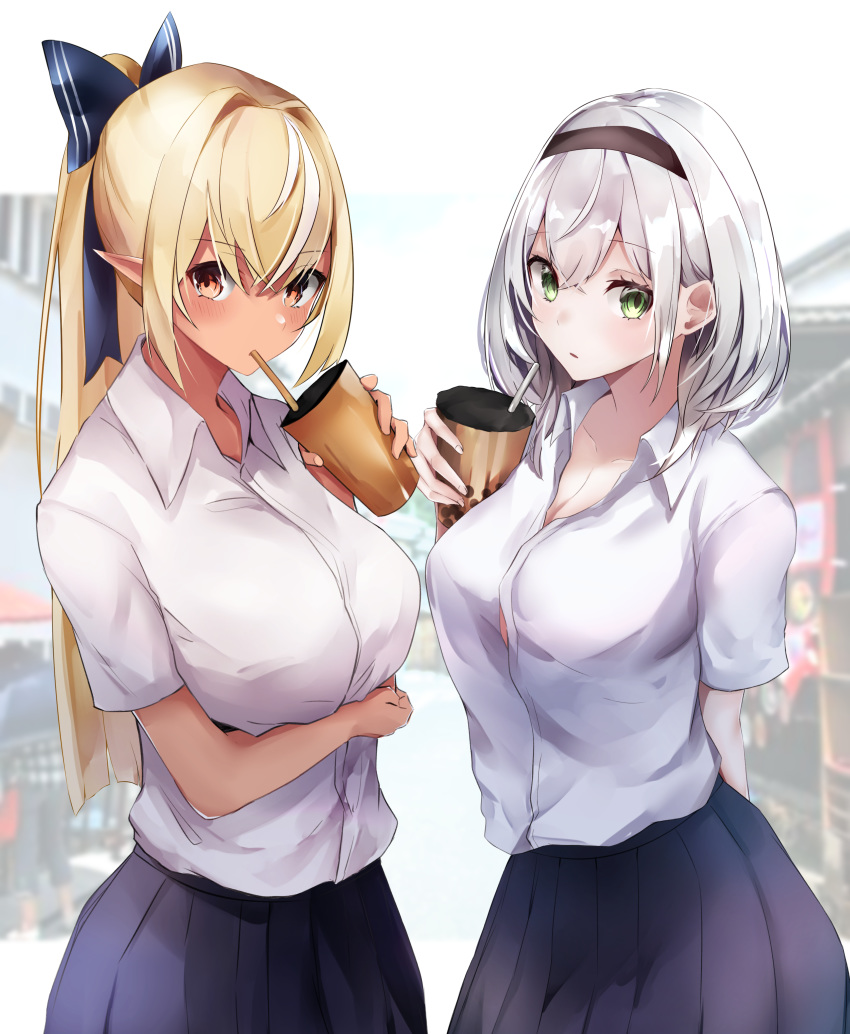 2girls absurdres alternate_costume blonde_hair blue_skirt blurry blurry_background blush bow braid breast_hold breasts bubble_tea button_gap casual collared_shirt commentary cowboy_shot dark_skin drink drinking drinking_straw eyebrows_visible_through_hair eyelashes green_eyes hair_between_eyes hair_bow hairband highres holding holding_drink hololive large_breasts long_hair looking_at_viewer medium_hair multicolored_hair multiple_girls nanashinayuzu_mochi parted_lips photo_background pleated_skirt pointy_ears ponytail red_eyes shiranui_flare shirogane_noel shirt short_sleeves silver_hair skirt streaked_hair two-tone_hair white_hair white_shirt wing_collar